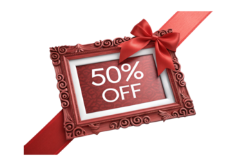 Ornate red frame with 50 percent off sale and diagonal ribbon, isolated on a transparent background