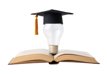 Graduation cap on lightbulb above open book representing academic achievement, isolated on a transparent background