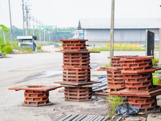 Gear scrap heap equipment metal machine in site factory industry. Rubbish pile steel, trash iron dump. Environment dirty. Machinery broken junk old aluminum. Industrial background construction. 