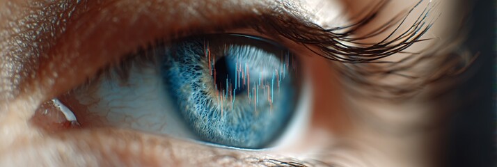 An eye closeup, capturing the reflection of a bullish stock market chart, 20 free space on the right hinting at future growth low texture- horizontal banner