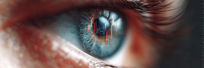 An eye closeup, capturing the reflection of a bullish stock market chart, 20 free space on the right hinting at future growth low texture- horizontal banner