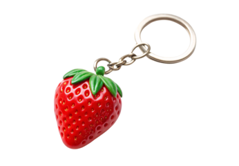 Red strawberry keychain charm with green leaves and metal ring, isolated on a transparent background