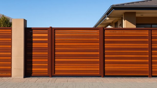 Bright wooden fence with horizontal slats and a modern gate against blue sky, paved foreground and house edge