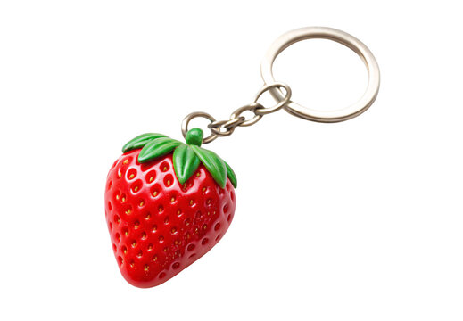 Red strawberry keychain charm with green leaves and metal ring, isolated on a transparent background