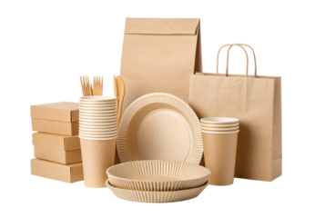 Brown kraft paper packaging supplies including bags plates cups and utensils, isolated on a transparent background