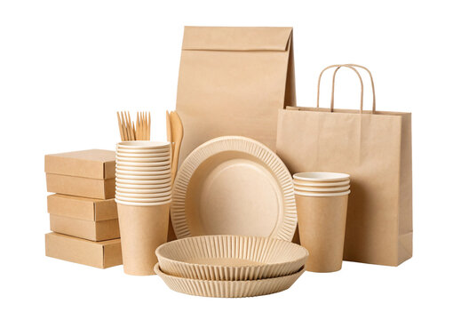 Brown kraft paper packaging supplies including bags plates cups and utensils, isolated on a transparent background