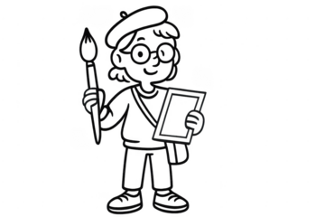 Young cartoon artist standing holding paintbrush and canvas