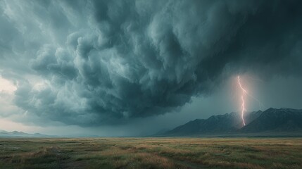 Dark storm clouds gather over a vast landscape as lightning strikes near mountains during early evening hours