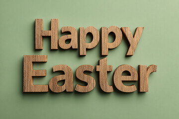 Rustic wooden letters spell happy easter on a soft green background