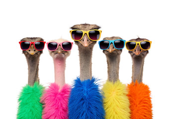 Five Ostriches Wearing Colorful Sunglasses
