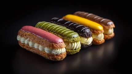 An array of colorful eclairs rest on a sleek black surface, each topped with a unique flavor and filled with a creamy center. Indulge in a sweet escape with these tempting treats.