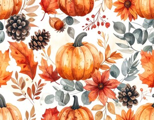 Watercolor pattern of autumn pumpkins, leaves, pinecones, and flowers