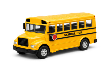 Yellow toy school bus vehicle isolated on white background
