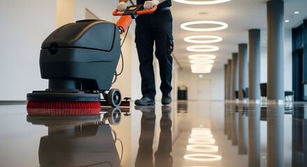 Janitor efficiently cleaning shiny office floor with modern scrubber