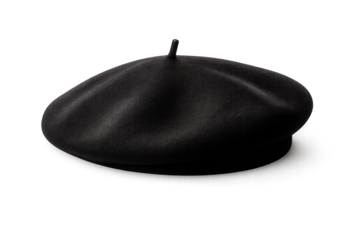 A stylish black beret on a white isolated background, perfect for fashion or artistic themes.