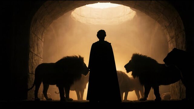Daniel standing fearless in the lions den biblical scene