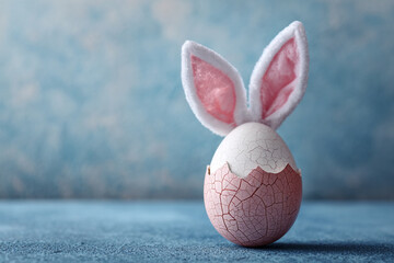 cracked easter egg with bunny ears emerging from the top against a blue textured background