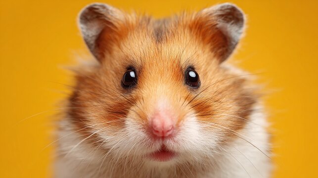 Close-up shot of a hamster's face with a bright yellow background, showcasing its adorable features and fluffy fur. The image captures the hamster's cute eyes and nose in detail.