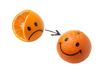 Two oranges with sad and happy faces, arrow pointing, isolated on a transparent background