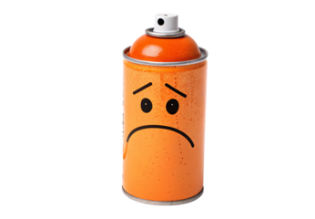 Orange spray can with worried sad face expression drawn, isolated on a transparent background