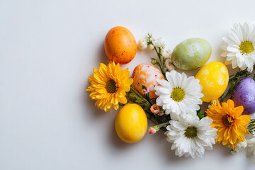 assorted colorful easter eggs adorned with delicate flowers and greenery arranged on a plain white background