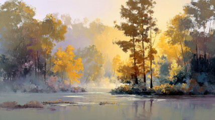 Painting of a beautiful hazy autumn landscape. Mist lingering above lake. Trees in fall colors and reflecting from calm water surface.