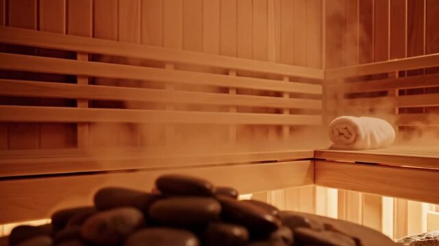 Warm and inviting wooden sauna interior filled with therapeutic steam, creating a tranquil atmosphere for ultimate relaxation and well-being