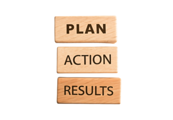 Wooden blocks displaying Plan, Action, Results in sequential order, isolated on a transparent background