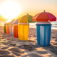 Quirky beach scene colorful umbrella-topped bins stand on sand, lit by a warm sunset, creating whimsical beach art