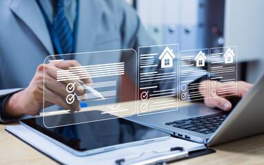 Businessman Reviewing Real Estate Documents Online, Managing Properties, Handling Digital Contracts, and Planning Investments with Modern Tools.