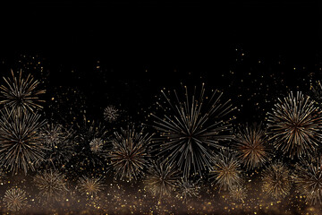 sparkling golden fireworks explode on a dark background with scattered glitter