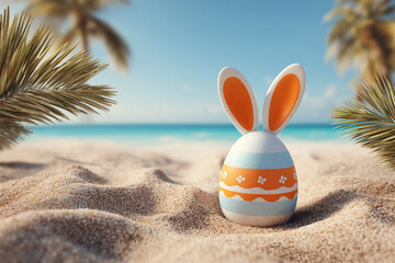 Festive Easter egg with bunny ears sits on a sandy beach near palm trees and the ocean