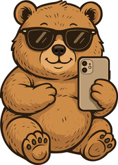 Naklejka premium Cute Chubby Bear Cartoon Vector with Sunglasses Taking Selfie. A fun and cool chubby bear cartoon character wearing black sunglasses. It is sitting down and taking a selfie with a smartphone.
