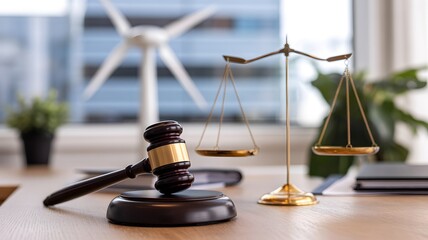 Judges Gavel and Scales of Justice on Wooden Desk in Professional Office with Natural Lighting for Law Firm Branding