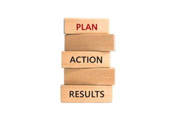 Wooden blocks showing Plan, Action, Results with Plan highlighted in red, isolated on a transparent background