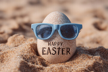 A speckled Easter egg wearing cool blue sunglasses rests on a sandy beach with the words Happy Easter carved into it