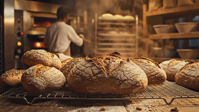 Artisan baker presenting freshly baked bread on wooden table