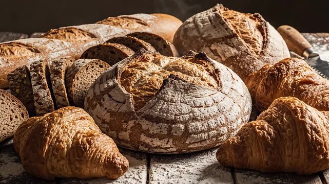 Artisanal bread and baked goods display on rustic wooden table close up