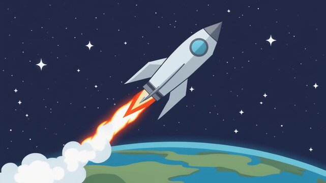 A cartoon vector illustration depicts a science fiction spaceship and rocket flying through a starry cosmos past the moon and earth on an exploration travel mission across the galaxy universe