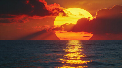 Sunset over the ocean with vibrant orange and red hues reflecting on water surface