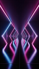 Futuristic tunnel glows with vibrant pink and blue neon geometric lines reflecting on a sleek dark floor