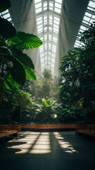 Sunlight streams through a grand glass roof illuminating a vibrant indoor garden with lush tropical plants