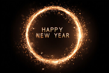 Glowing golden circle of light and particles with text "Happy New Year" on black background
