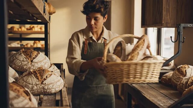 Baker arranging freshly baked bread loaves in bakery setting