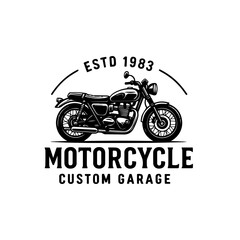 Obraz premium Vintage motorcycle emblem design for a custom garage, showcasing a classic bike established in 1983, ideal for repair shop branding or a rider's club