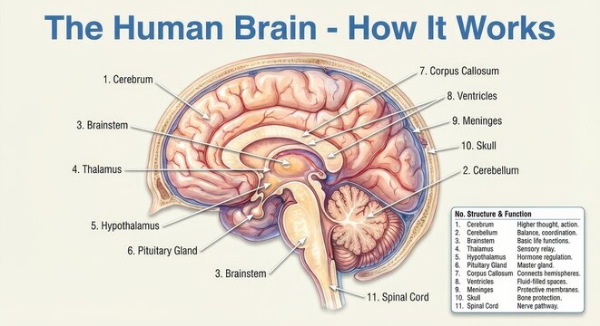 Educational Diagram Of Brain Structures, Illustration Displaying Various Brain Components And Regions - Powered by Adobe