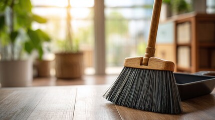 Broom and dustpan on a polished wooden floor near plants & a window, capturing a moment of domestic cleanliness. Simple tools for maintaining a tidy space.