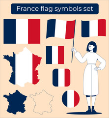 Female character holds France flag symbols in a set showing different designs and shapes
