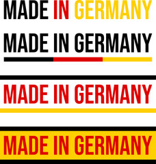 Labels showing made in Germany in national colors of black, red, and yellow with various designs