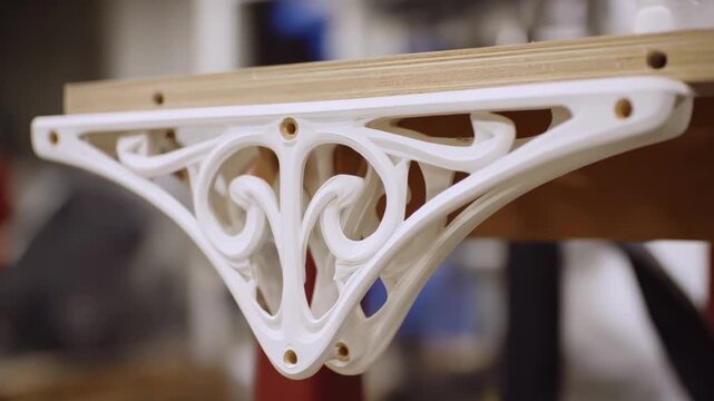 Detailed medium view of a bracket prototype made with rapid 3D printing emphasizing structural features and design innovation for bespoke millwork